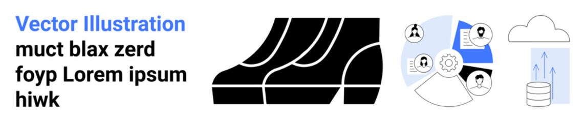 Black shoes icon, diagram of people, connected documents, cloud storage, and database. Ideal for teamwork, workflow, technology, footwear communication business flat landing page banner