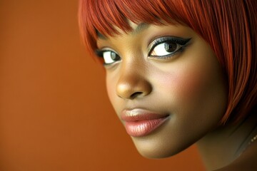 Fototapeta premium Gorgeous happy black girl - for ads, media and social social platforms ad use. Short coiffure - red hair. Commercial ad campaign conceptual art. Trendy short hair. African american hair ads.
