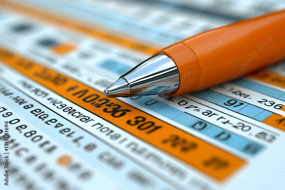 Poster close-up of an orange pen resting on a document with numbers and data. focus is on the pen and a spe
