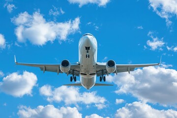 Airplane Flying Overhead in Blue Sky with Clouds