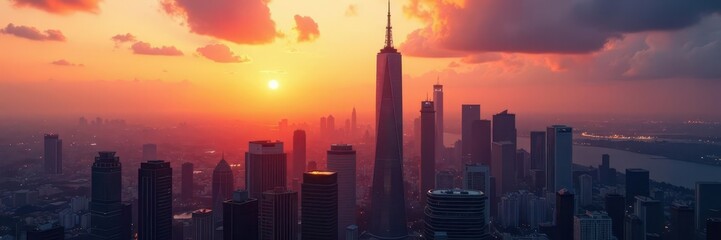 Imposing skyscrapers bathed in the last golden light , view, high-rise