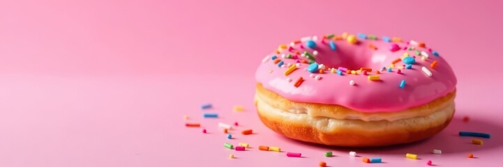 Pink frosted donut, rainbow sprinkles, pink backdrop, colorful, bakery item, glazed