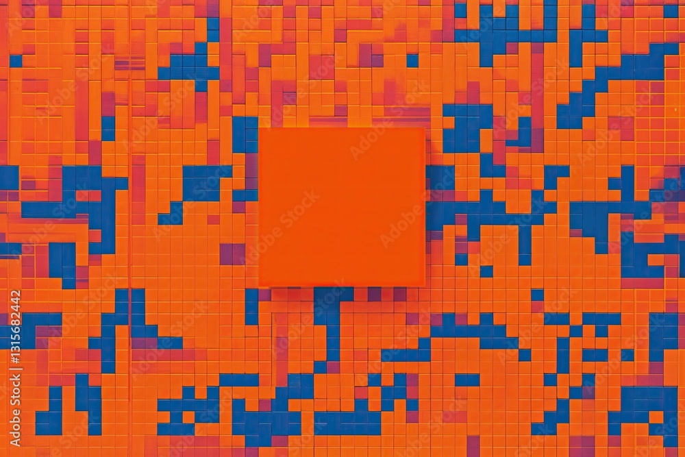 Poster bright orange rectangle background with pixelated graphic design pattern