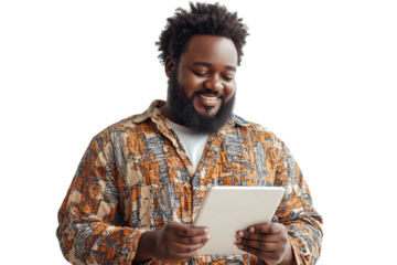 a hypster business chubby brown person using a tablet smiling, white background