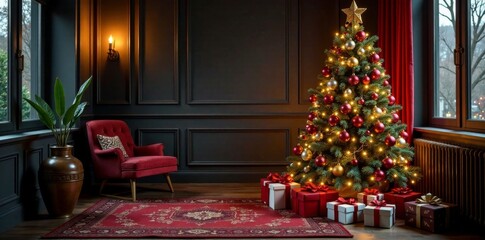 Luxurious Christmas tree setup with decorative gifts amidst dark wood paneling and rich textiles, wealthy ambiance, gifts