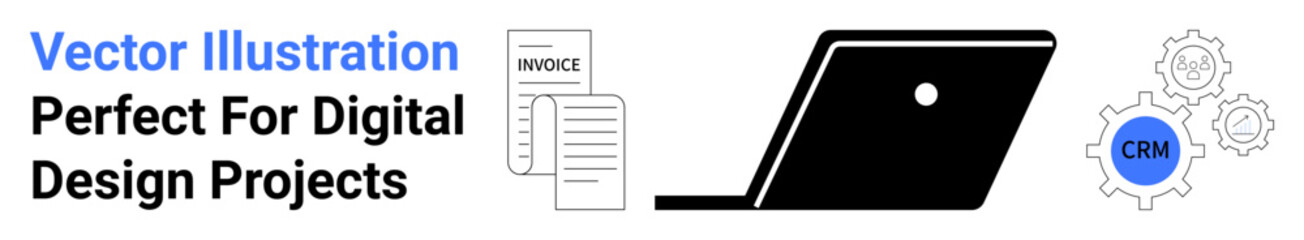 Laptop silhouette paired with gears, CRM label, and digital invoice icons. Ideal for business solutions, CRM systems, digital tools, automation, data management, finance client services abstract
