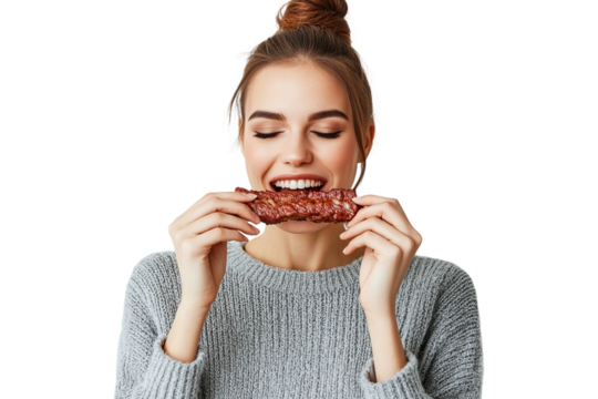 a 20 year woman about to take a bite of a beef stick, brown hair in a bun, on a white background - Powered by Adobe