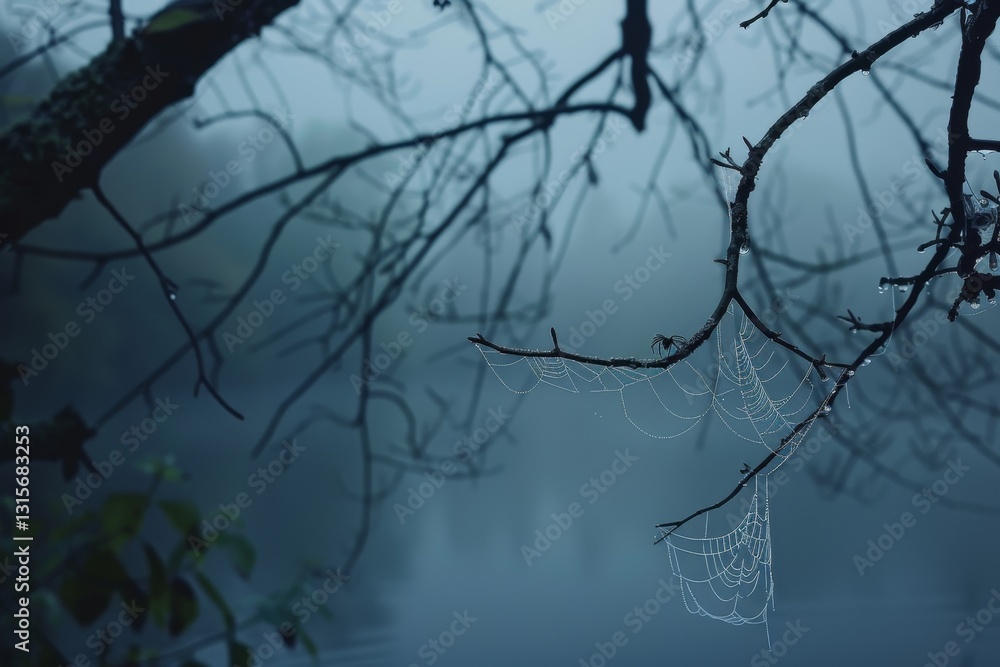 Poster a spiderweb hangs heavy with dew in the early morning mist, creating a delicate and ethereal scene, 
