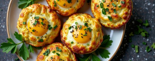 Overhead shot of breakfast egg muffins with vegetables and cheese , meal, baking dish