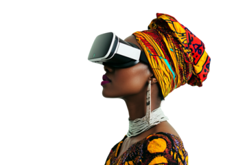 a photo of a black woman with traditional african clothes, but fashionable, with virtual reality glasses, on white background