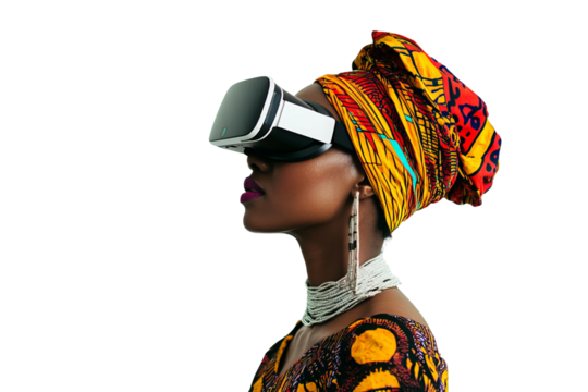 a photo of a black woman with traditional african clothes, but fashionable, with virtual reality glasses, on white background