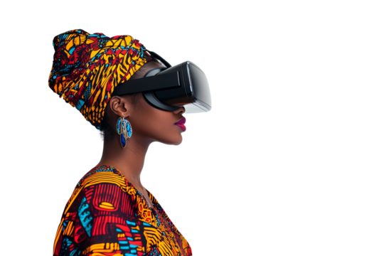 a photo of a black woman with traditional african clothes, but fashionable, with virtual reality glasses, on white background