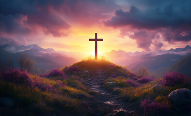 Obraz premium a cross atop the hill, with an orange and purple sky in the background,