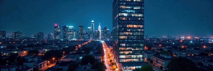 Obraz premium Modern office building at night with city skyline and skyscrapers, office, modern, lighting