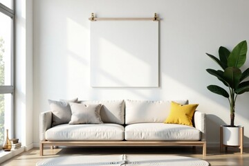 Modern poster mockup on wooden clips against a white wall in a contemporary living room, wall, prints, decoration