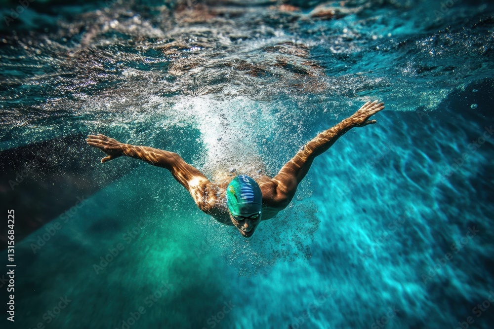Poster expert swimmer dives into refreshing pool, creating splashes and showcasing skill in vibrant blue gr