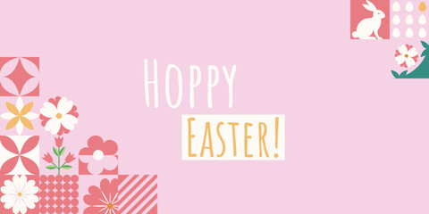 Wielkanocny baner z mozaiką z świątecznymi symbolami. Wiosenny geometryczny wzór z królikiem, jajkami i kwiatami. © Monika