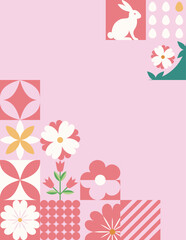 Wielkanocny baner z mozaiką z świątecznymi symbolami. Wiosenny geometryczny wzór z królikiem, jajkami i kwiatami.