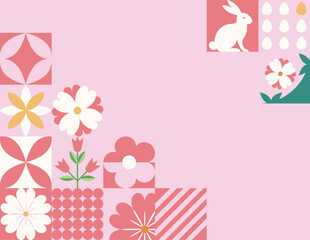 Wielkanocny różowy baner z mozaiką z świątecznymi symbolami. Wiosenny geometryczny wzór z królikiem, jajkami i kwiatami. © Monika