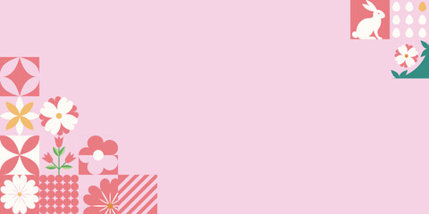 easter_banner06Wielkanocny baner z mozaiką z świątecznymi symbolami. Wiosenny geometryczny wzór z królikiem, jajkami i kwiatami. © Monika