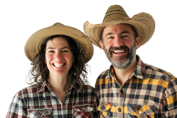 a real couple of lovers, happy and smiling, in checkered country clothes in dark yellow and dark red, both are wearing straw hats, on a white background