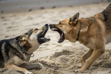 two agressive angry dog fight outdoor