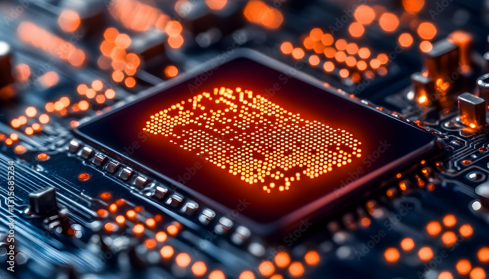 Poster close-up of illuminated circuitry featuring a central processor glowing intensely