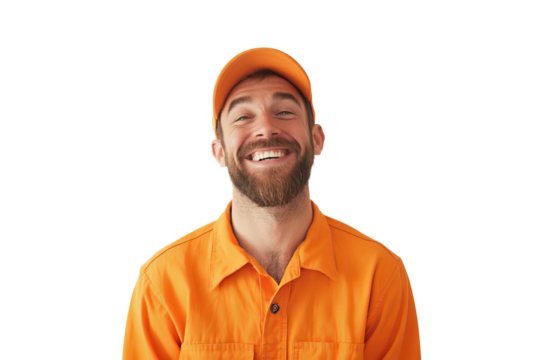 a real, happy and cheerful man, wearing orange clothes, on a white background