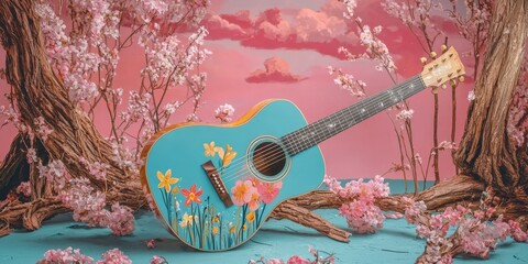 Obraz premium Captivating retro photo featuring a colorful guitar design.