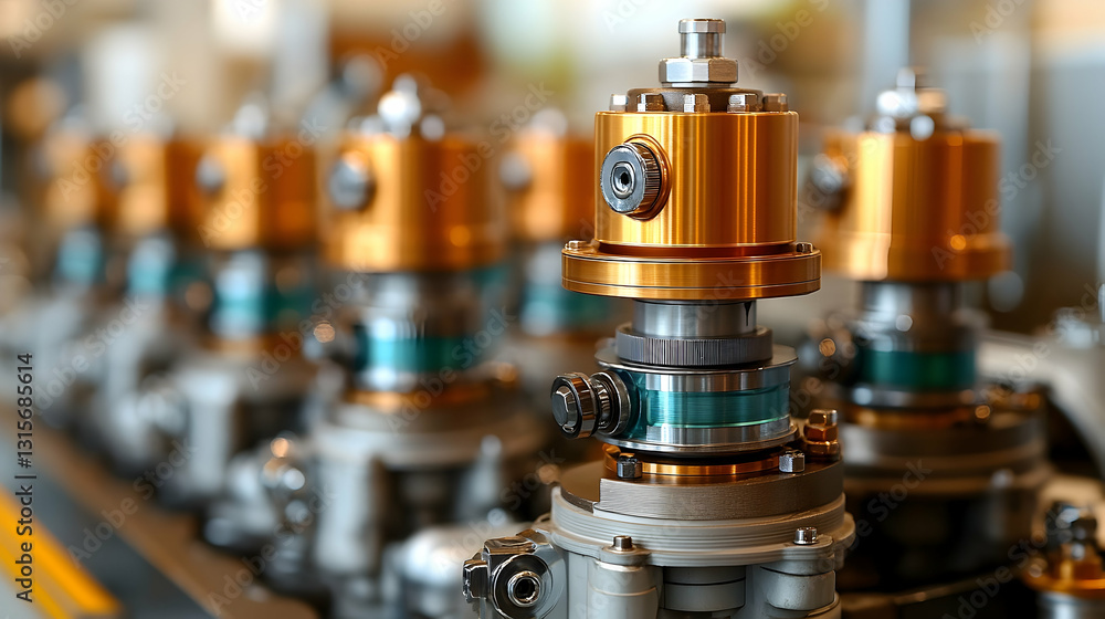 Poster close-up of intricate metallic machinery, showcasing precision engineering and complex components. m