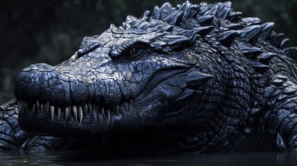 Obraz premium A massive crocodilian beast with obsidian-black scales, its ridges forming jagged crystalline spikes
