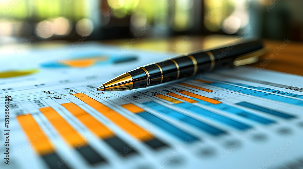 Poster close-up of pen resting on financial charts showing data analysis and planning. bars and pie charts 