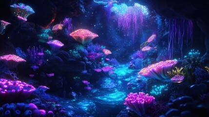 A mermaid kingdom deep in the ocean, glowing coral structures and bioluminescent creatures