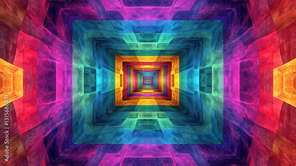 Poster a mesmerizing looped 3d animation of a neon tunnel with rotating square frames, glowing in vibrant c