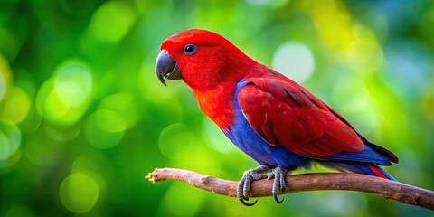 Stunning Red Eclectus Parrot on Branch with Lush Green Background in Tilt-Shift Photography Style