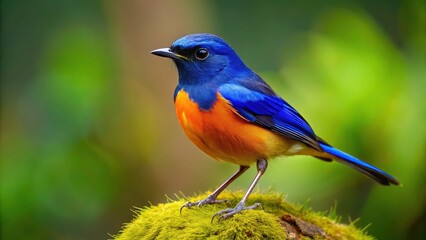 Obraz premium Stunning Rufous-Bellied Niltava Bird with Orange and Blue Wings Perched on Mossy Rock in Nature's Embrace