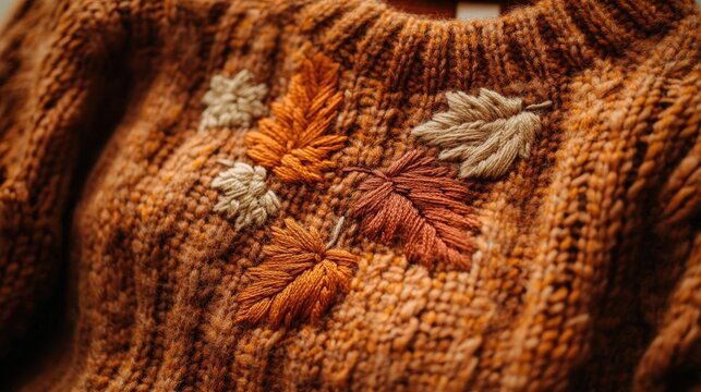 Cozy Fall Sweater with Embroidered Leaves: Close-up of a textured orange sweater adorned with colorful embroidered autumn leaves. This image captures the warmth and detail of handmade textiles.