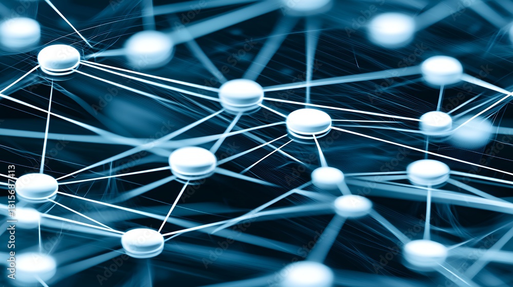 Poster abstract network visualization dark blue glowing nodes connected lines digital technology background