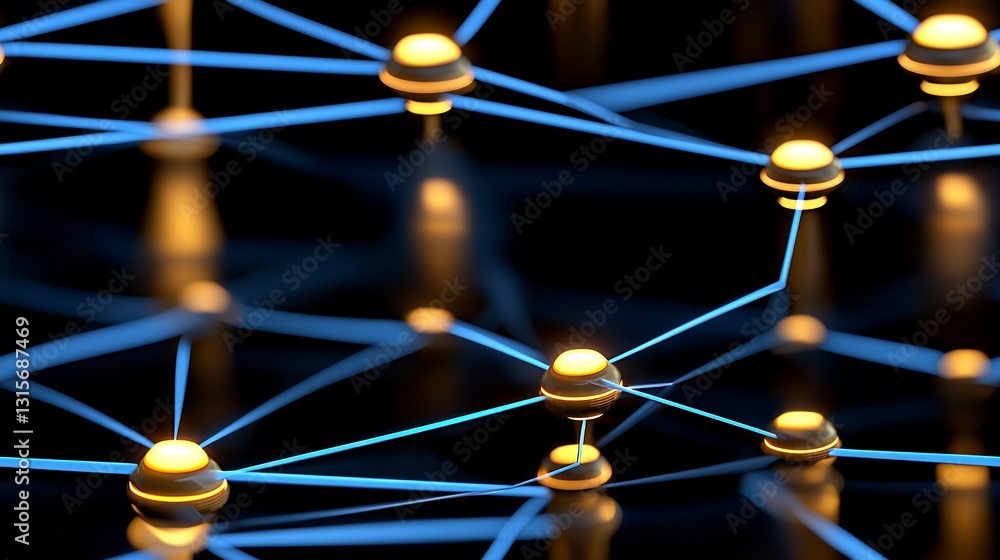 Poster abstract network visualization golden nodes and blue lines connected on dark background