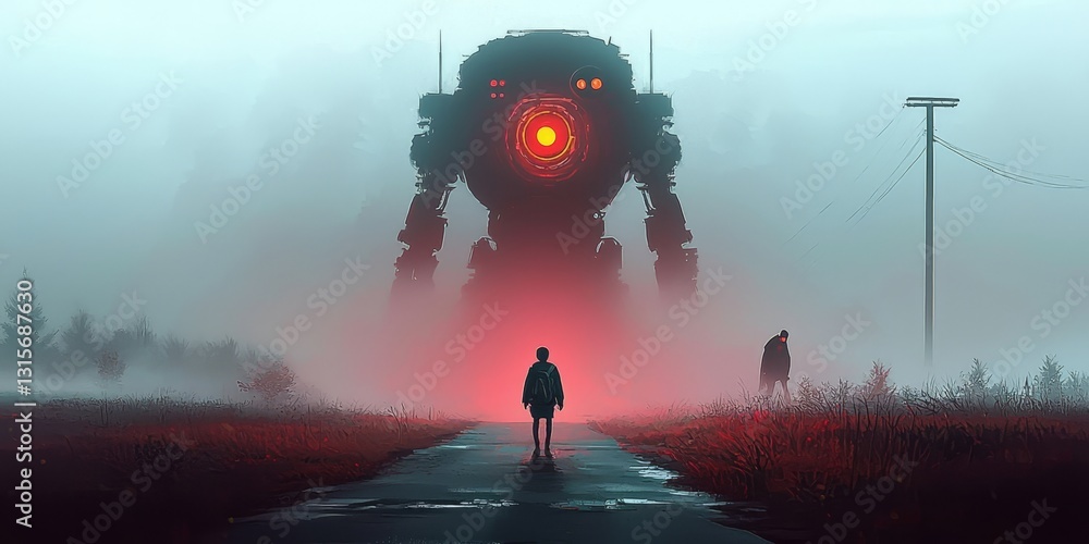 Wall mural surreal scene depicting robots and demons in a realm of fog and mystery.