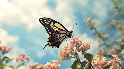 Obraz premium Butterfly on Flower: A magnificent swallowtail butterfly with intricate patterns delicately perches on a vibrant flower, wings spread against a backdrop of a sunlit, partly cloudy sky. 
