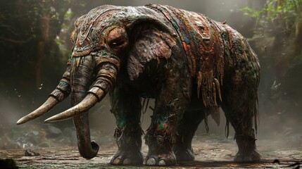 Fototapeta premium A monstrous hybrid with the rough texture of elephant skin, covered in deep scars and tribal markings