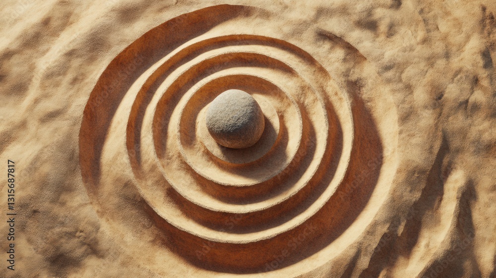 Poster centered smooth stone in sand circles representing stability and inner strength, highlighting harmon