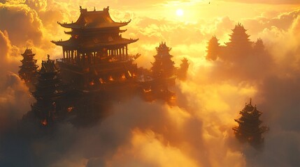 Obraz premium Ethereal Temple in the Sky Bathed in Golden Sunlight and Serenity
