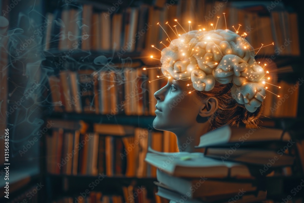 Poster a bust of a person with a glowing brain in a library setting, acquiring knowledge through experience