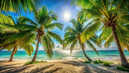 Fototapeta premium Tropical Palm Beach Paradise: Stunning Sea View, Rule of Thirds Photography