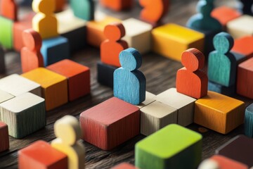 Obraz premium Wooden figurines of people and blocks symbolizing teamwork and collaboration