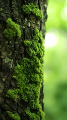 Lush green moss thrives on textured tree bark