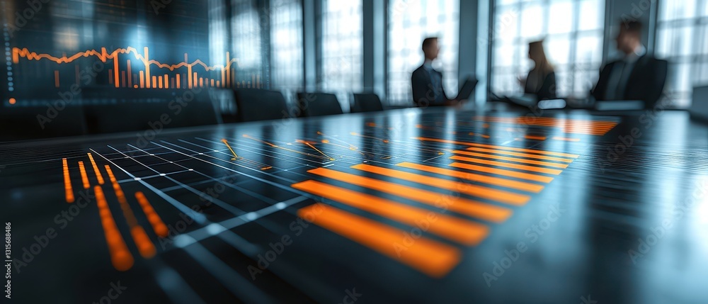 Poster cyber business visionary presenting pitch deck in modern office setting with data visualizations