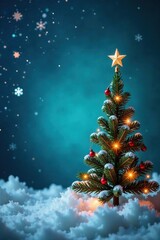 Ornament with Christmas tree, snowflakes, and stars hanging from blue background , Christmas, blue sky, ornaments